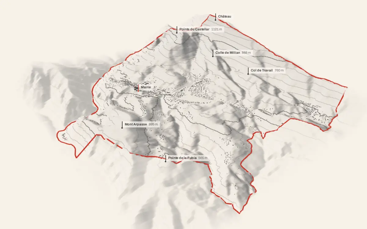 Levens vue en relief depuis le sud-ouest : le terrain va de 124 à 1 408 mètres d'altitude, et 4 291 bâtiments y sont dressés à leur hauteur réelle.