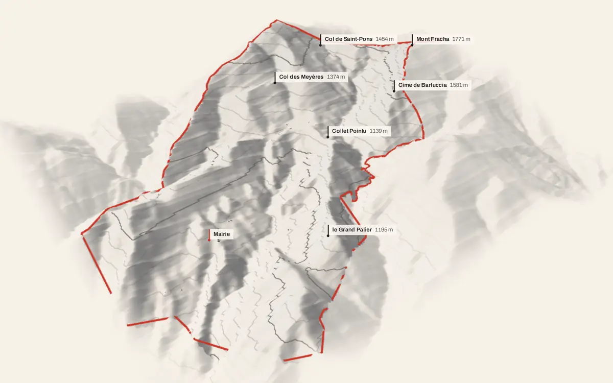 Lieuche vue en relief depuis le sud-ouest : le terrain va de 490 à 1 779 mètres d'altitude, et 82 bâtiments y sont dressés à leur hauteur réelle.