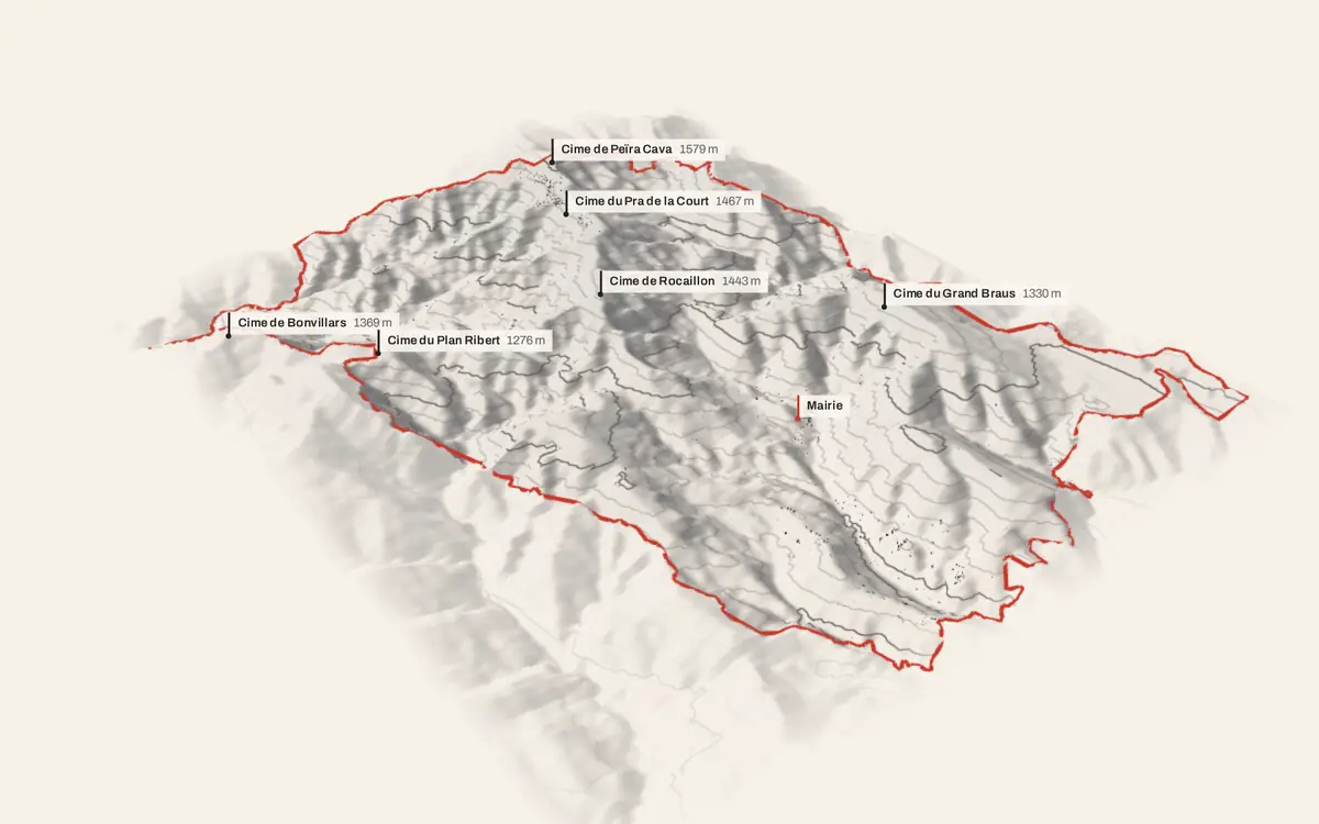 Lucéram vue en relief depuis le sud-ouest : le terrain va de 406 à 1 566 mètres d'altitude, et 1 900 bâtiments y sont dressés à leur hauteur réelle.
