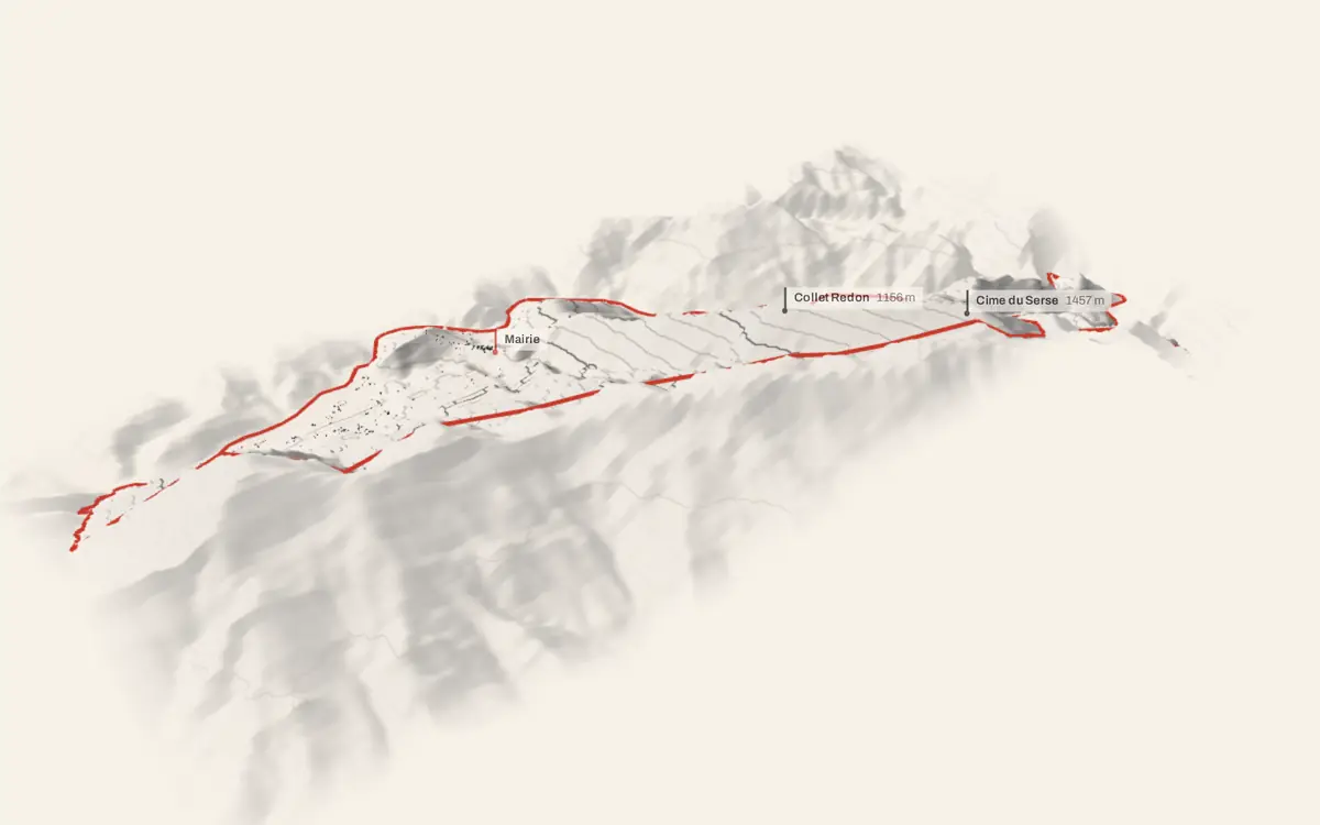 Malaussène vue en relief depuis le sud-ouest : le terrain va de 157 à 1 464 mètres d'altitude, et 378 bâtiments y sont dressés à leur hauteur réelle.