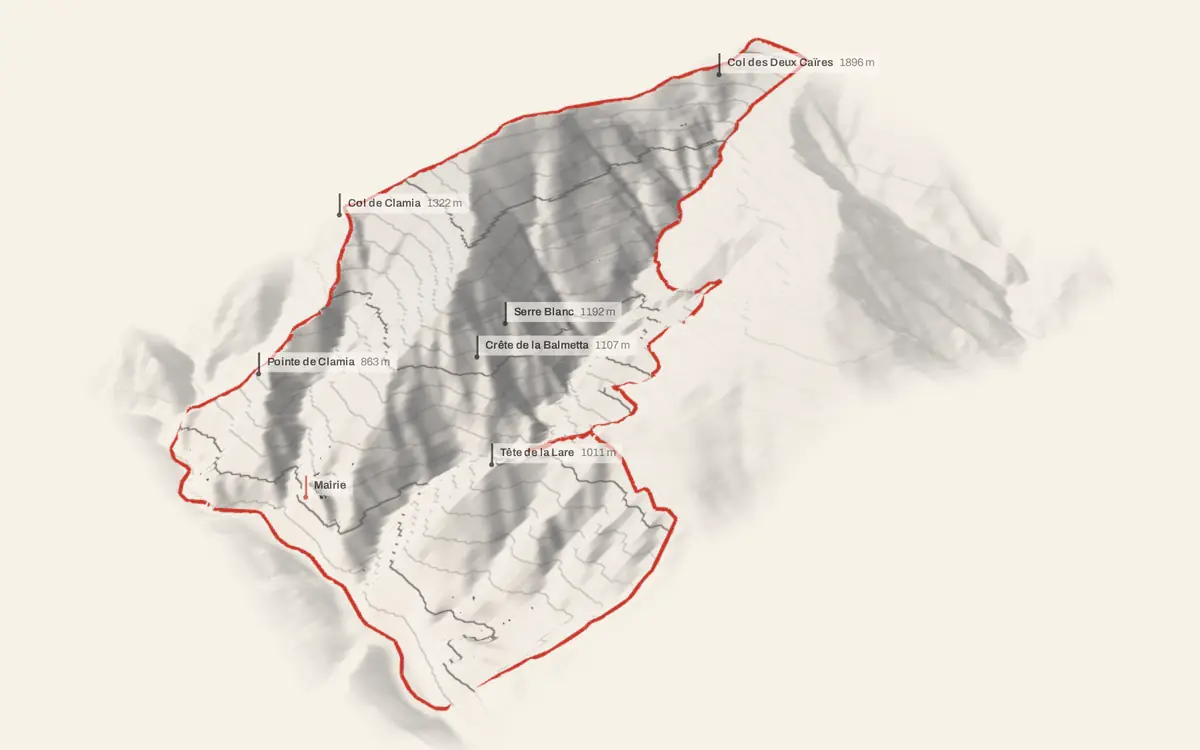 Marie vue en relief depuis le sud-ouest : le terrain va de 341 à 2 077 mètres d'altitude, et 174 bâtiments y sont dressés à leur hauteur réelle.