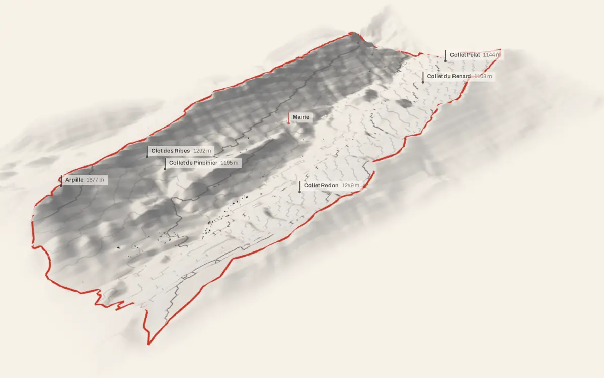Le Mas vue en relief depuis le sud-ouest : le terrain va de 442 à 1 679 mètres d'altitude, et 381 bâtiments y sont dressés à leur hauteur réelle.
