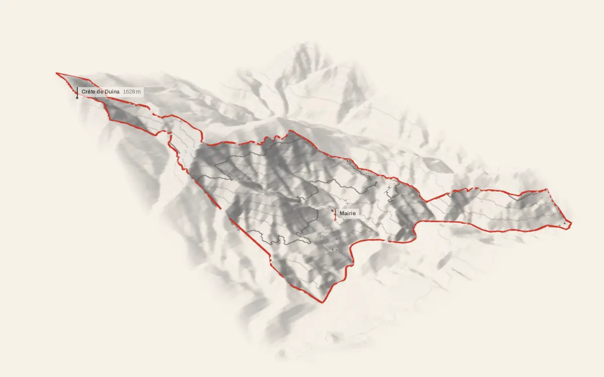 Massoins vue en relief depuis le sud-ouest : le terrain va de 192 à 1 791 mètres d'altitude, et 219 bâtiments y sont dressés à leur hauteur réelle.