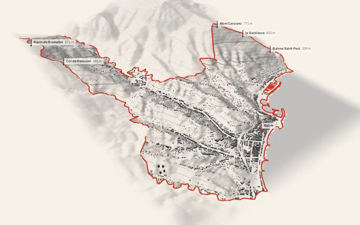 Menton vue en relief depuis le sud-ouest : le terrain va de 0 à 793 mètres d'altitude, et 7 952 bâtiments y sont dressés à leur hauteur réelle, la mer occupant le bas de l'image.