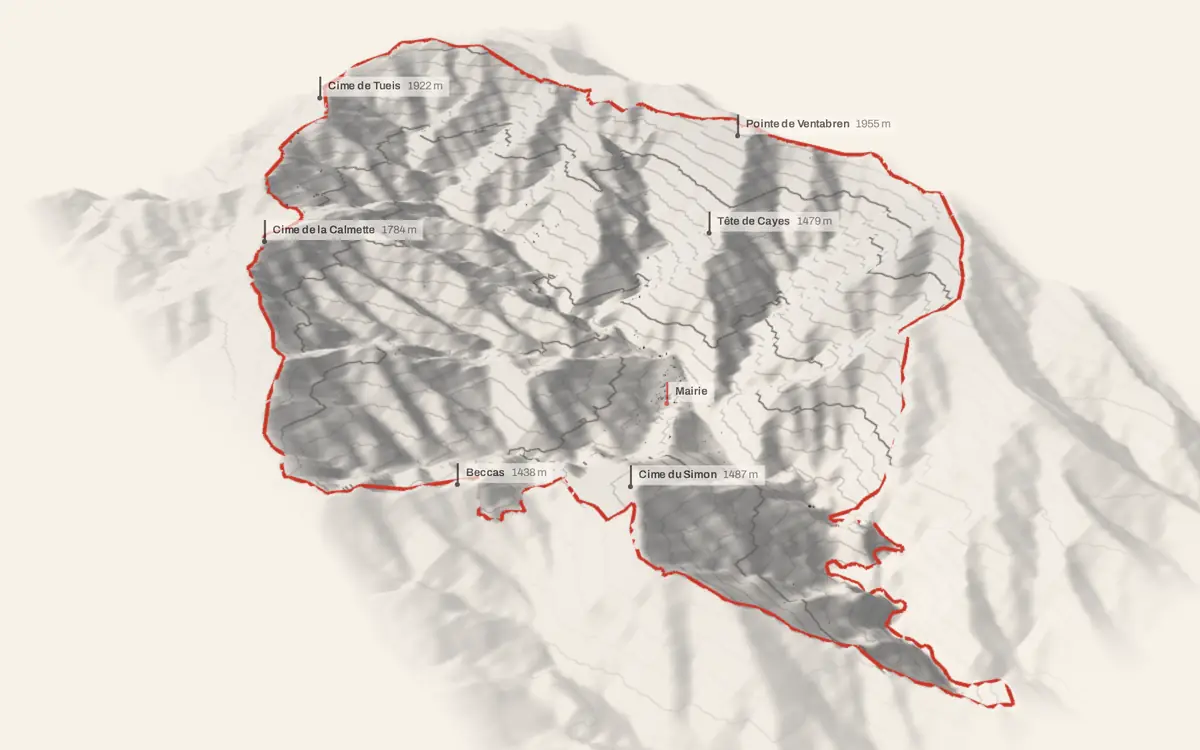 Moulinet vue en relief depuis le sud-ouest : le terrain va de 513 à 2 071 mètres d'altitude, et 548 bâtiments y sont dressés à leur hauteur réelle.