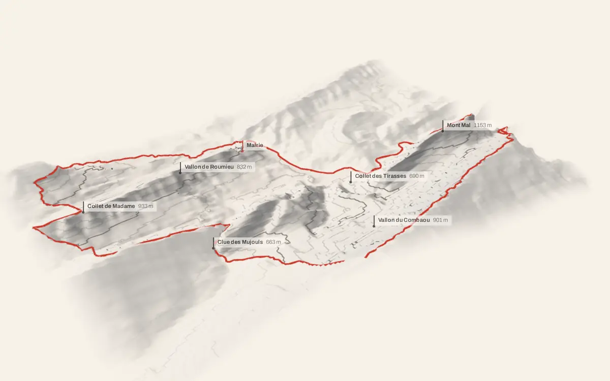 Les Mujouls vue en relief depuis le sud-ouest : le terrain va de 530 à 1 427 mètres d'altitude, et 69 bâtiments y sont dressés à leur hauteur réelle.