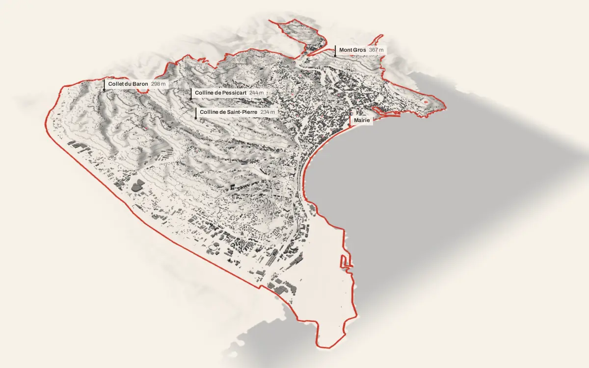 Nice vue en relief depuis le sud-ouest : le terrain va de 0 à 522 mètres d'altitude, et 15 733 bâtiments y sont dressés à leur hauteur réelle, la mer occupant le bas de l'image.