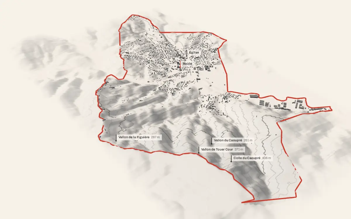 Pégomas vue en relief depuis le sud-ouest : le terrain va de 4 à 479 mètres d'altitude, et 4 624 bâtiments y sont dressés à leur hauteur réelle.