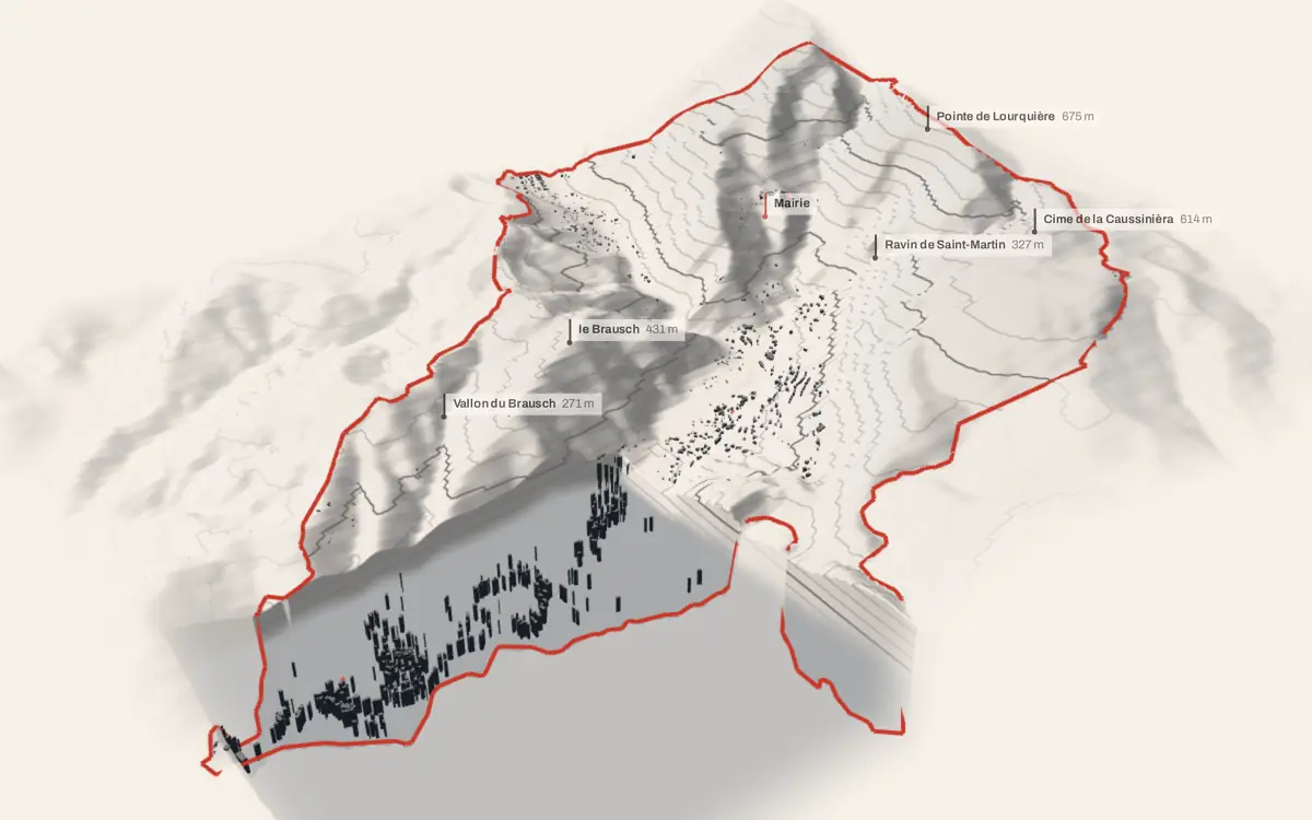 Peillon vue en relief depuis le sud-ouest : le terrain va de 116 à 721 mètres d'altitude, et 1 618 bâtiments y sont dressés à leur hauteur réelle, la mer occupant le bas de l'image.