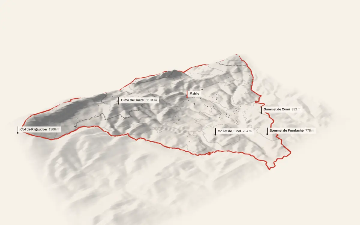 La Penne vue en relief depuis le sud-ouest : le terrain va de 528 à 1 429 mètres d'altitude, et 478 bâtiments y sont dressés à leur hauteur réelle.