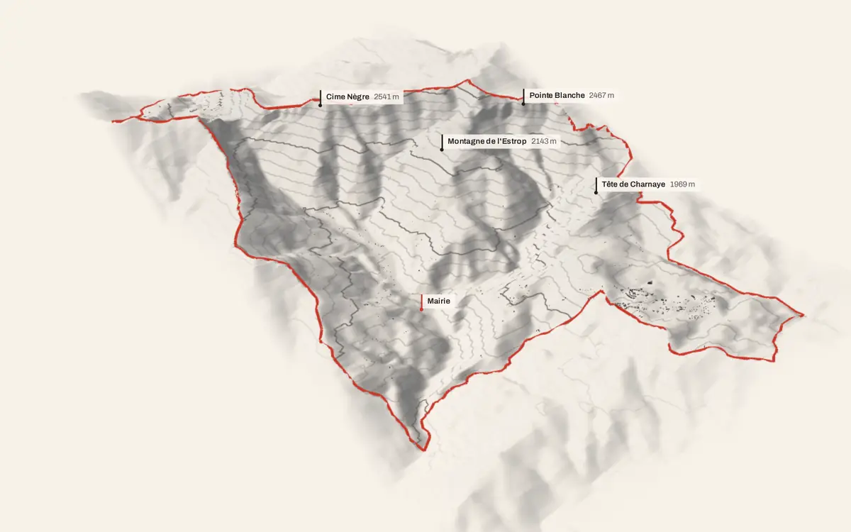 Péone vue en relief depuis le sud-ouest : le terrain va de 947 à 2 624 mètres d'altitude, et 1 372 bâtiments y sont dressés à leur hauteur réelle.