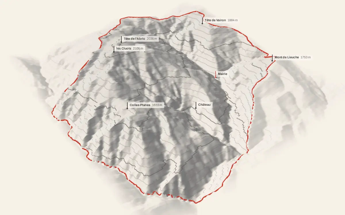 Pierlas vue en relief depuis le sud-ouest : le terrain va de 556 à 2 103 mètres d'altitude, et 229 bâtiments y sont dressés à leur hauteur réelle.