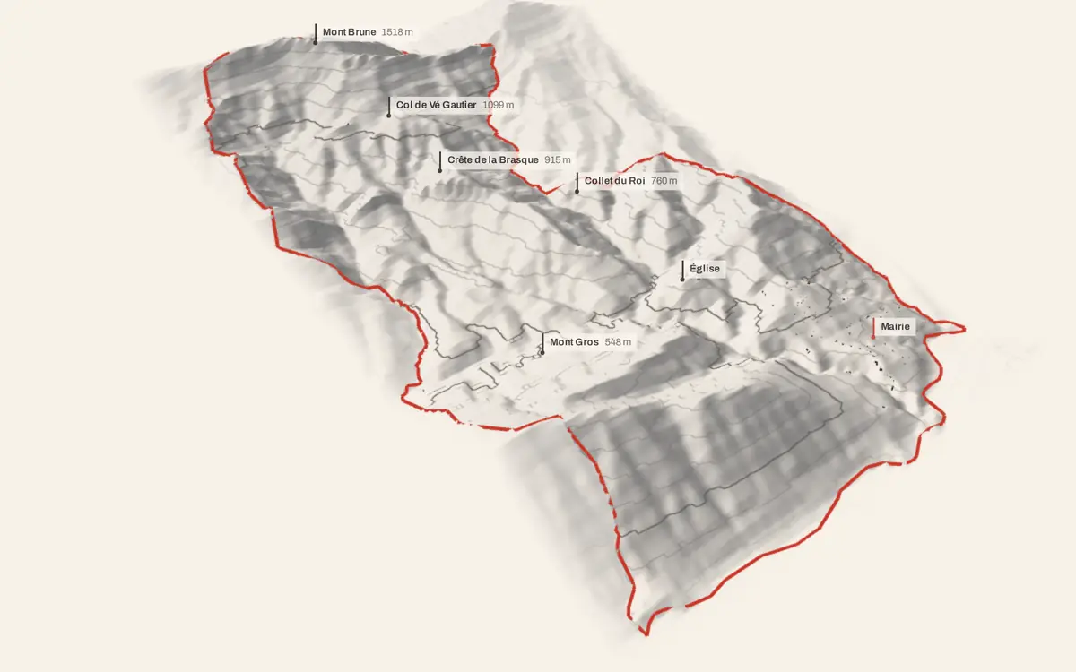 Pierrefeu vue en relief depuis le sud-ouest : le terrain va de 225 à 1 505 mètres d'altitude, et 517 bâtiments y sont dressés à leur hauteur réelle.