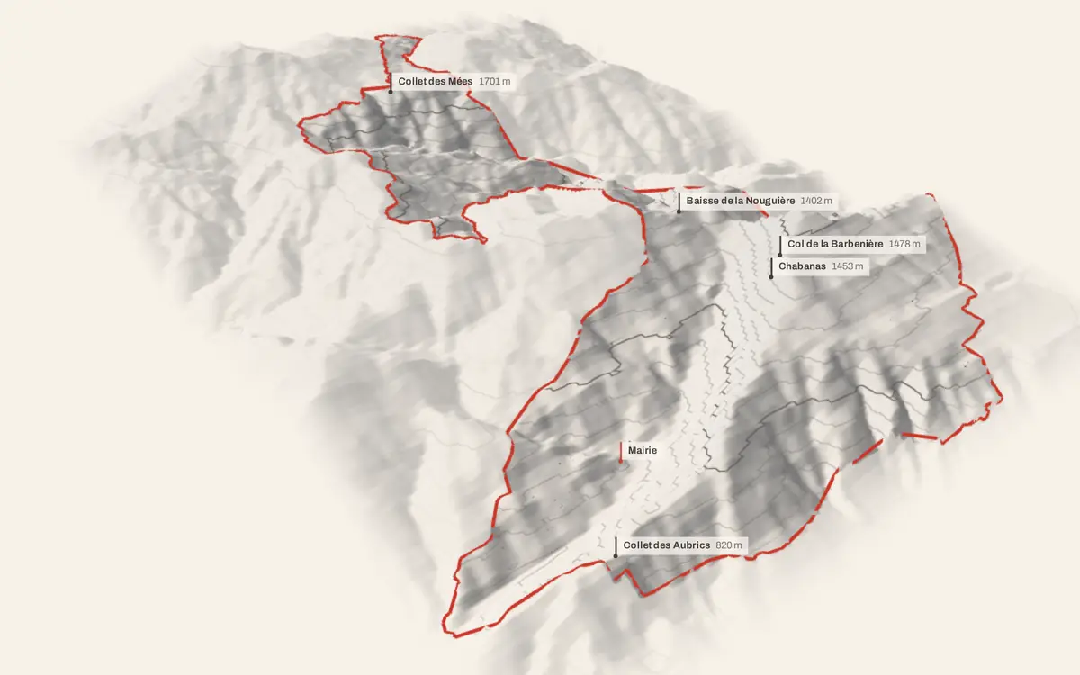 Puget-Rostang vue en relief depuis le sud-ouest : le terrain va de 524 à 1 730 mètres d'altitude, et 224 bâtiments y sont dressés à leur hauteur réelle.