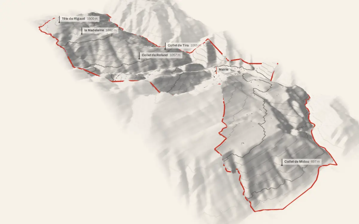 Rigaud vue en relief depuis le sud-ouest : le terrain va de 329 à 1 899 mètres d'altitude, et 480 bâtiments y sont dressés à leur hauteur réelle.