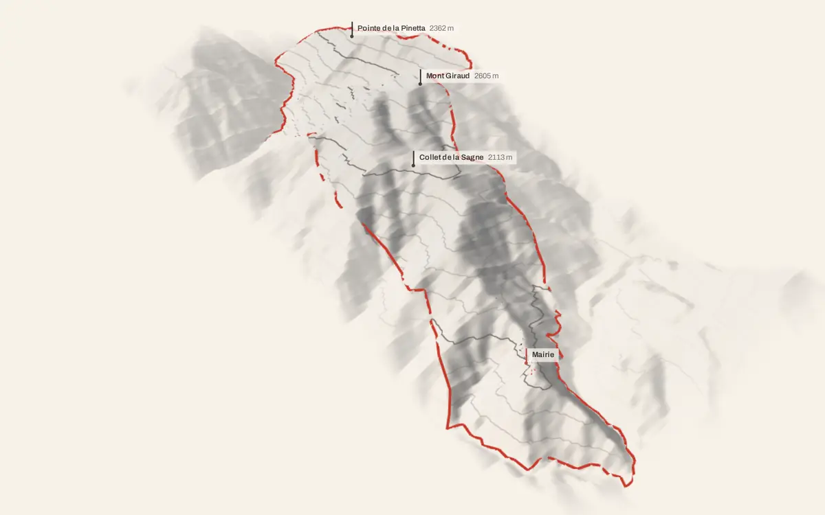 Rimplas vue en relief depuis le sud-ouest : le terrain va de 409 à 2 621 mètres d'altitude, et 208 bâtiments y sont dressés à leur hauteur réelle.