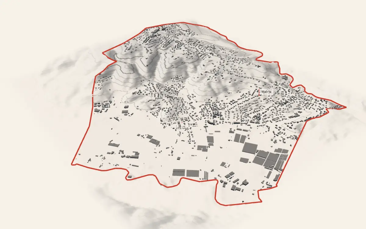 La Roquette-sur-Siagne vue en relief depuis le sud-ouest : le terrain va de 4 à 173 mètres d'altitude, et 5 031 bâtiments y sont dressés à leur hauteur réelle.