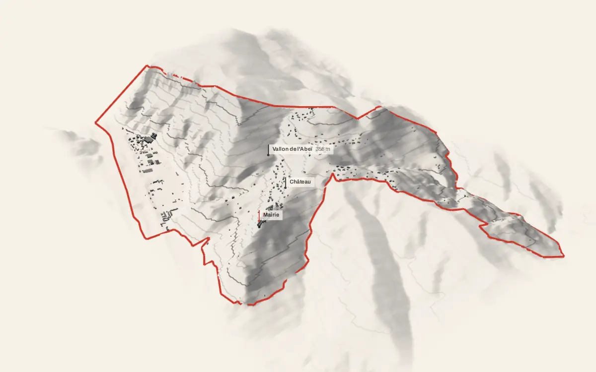 La Roquette-sur-Var vue en relief depuis le sud-ouest : le terrain va de 105 à 588 mètres d'altitude, et 759 bâtiments y sont dressés à leur hauteur réelle.
