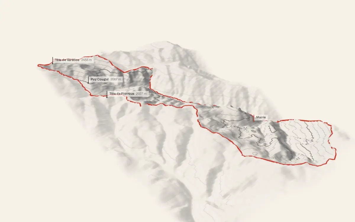 Roubion vue en relief depuis le sud-ouest : le terrain va de 861 à 2 513 mètres d'altitude, et 612 bâtiments y sont dressés à leur hauteur réelle.