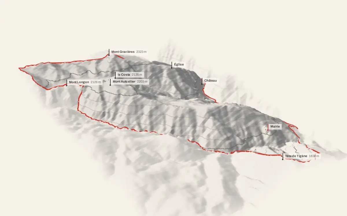 Roure vue en relief depuis le sud-ouest : le terrain va de 499 à 2 337 mètres d'altitude, et 489 bâtiments y sont dressés à leur hauteur réelle.