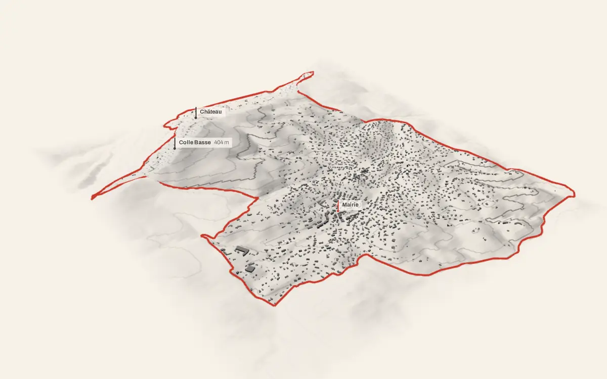 Le Rouret vue en relief depuis le sud-ouest : le terrain va de 168 à 478 mètres d'altitude, et 4 223 bâtiments y sont dressés à leur hauteur réelle.