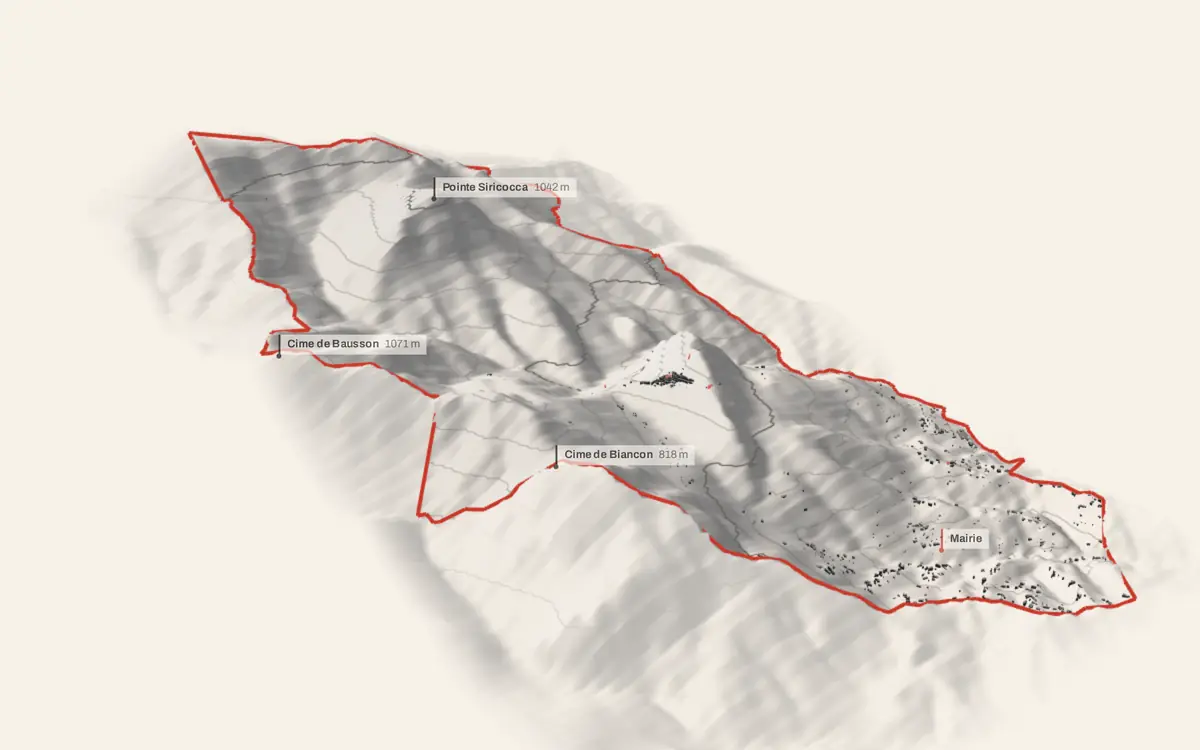 Sainte-Agnès vue en relief depuis le sud-ouest : le terrain va de 64 à 1 227 mètres d'altitude, et 1 346 bâtiments y sont dressés à leur hauteur réelle.