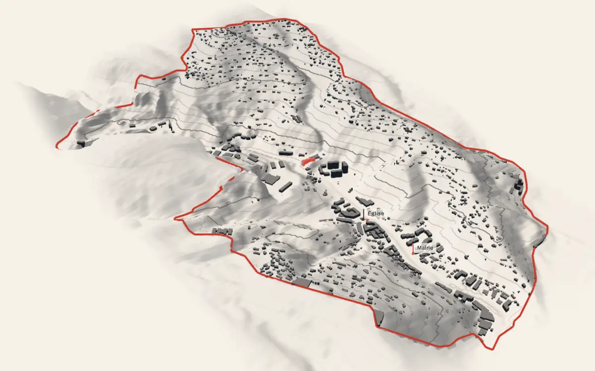 Saint-André-de-la-Roche vue en relief depuis le sud-ouest : le terrain va de 46 à 380 mètres d'altitude, et 2 370 bâtiments y sont dressés à leur hauteur réelle.