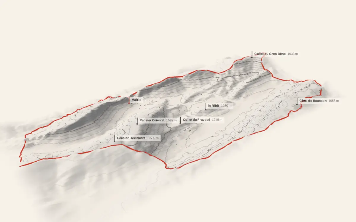 Saint-Auban vue en relief depuis le sud-ouest : le terrain va de 894 à 1 690 mètres d'altitude, et 653 bâtiments y sont dressés à leur hauteur réelle.