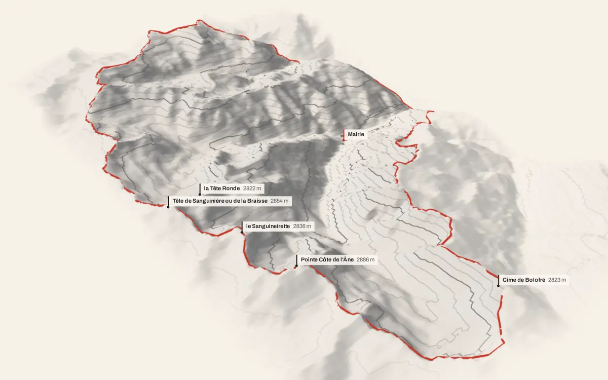 Saint-Dalmas-le-Selvage vue en relief depuis le sud-ouest : le terrain va de 1 286 à 2 860 mètres d'altitude, et 305 bâtiments y sont dressés à leur hauteur réelle.