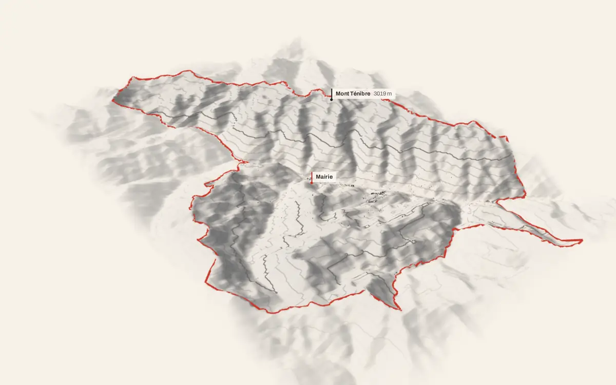 Saint-Étienne-de-Tinée vue en relief depuis le sud-ouest : le terrain va de 969 à 2 970 mètres d'altitude, et 2 751 bâtiments y sont dressés à leur hauteur réelle.