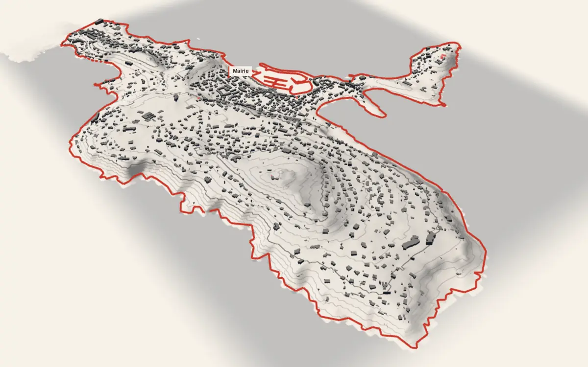 Saint-Jean-Cap-Ferrat vue en relief depuis le sud-ouest : le terrain va de 1 à 141 mètres d'altitude, et 2 643 bâtiments y sont dressés à leur hauteur réelle, la mer occupant le bas de l'image.