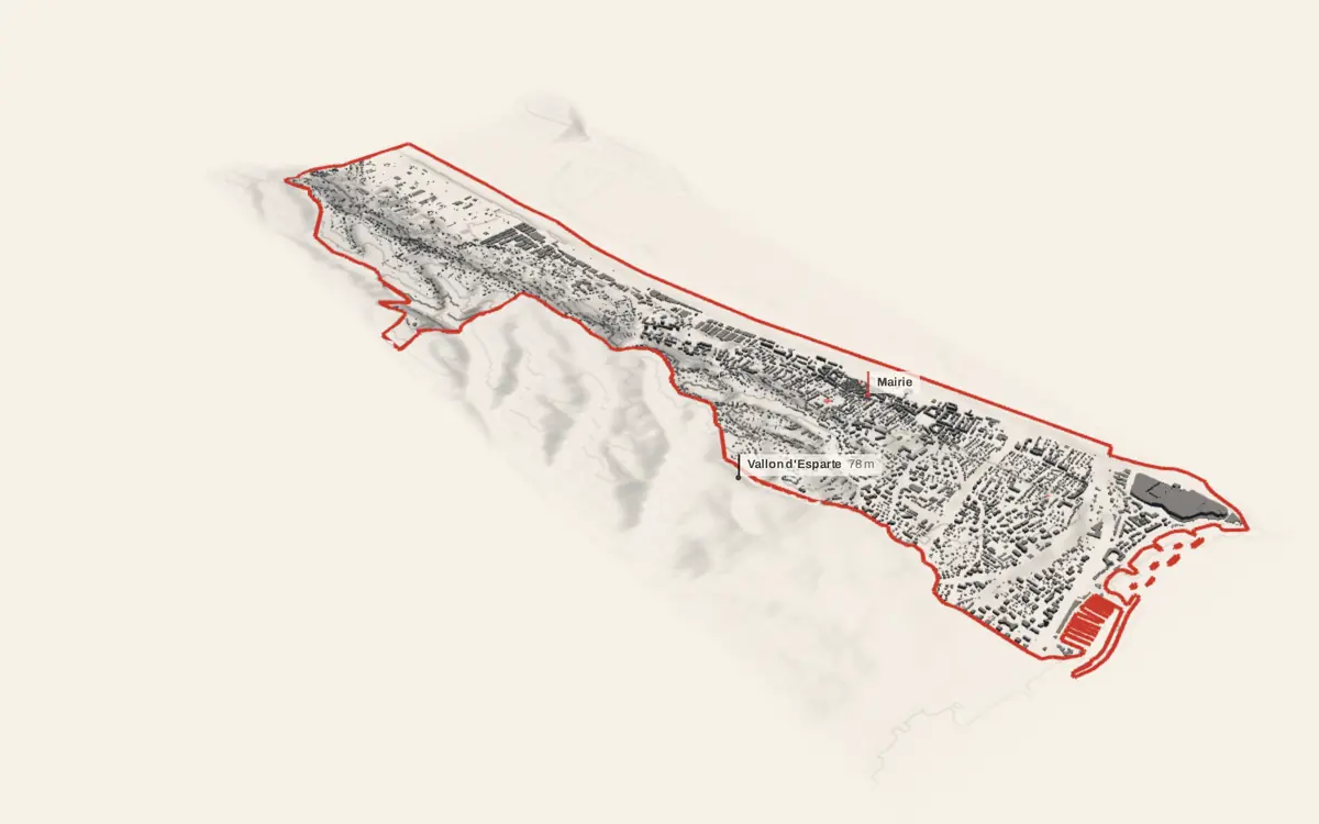 Saint-Laurent-du-Var vue en relief depuis le sud-ouest : le terrain va de -0 à 216 mètres d'altitude, et 8 289 bâtiments y sont dressés à leur hauteur réelle.