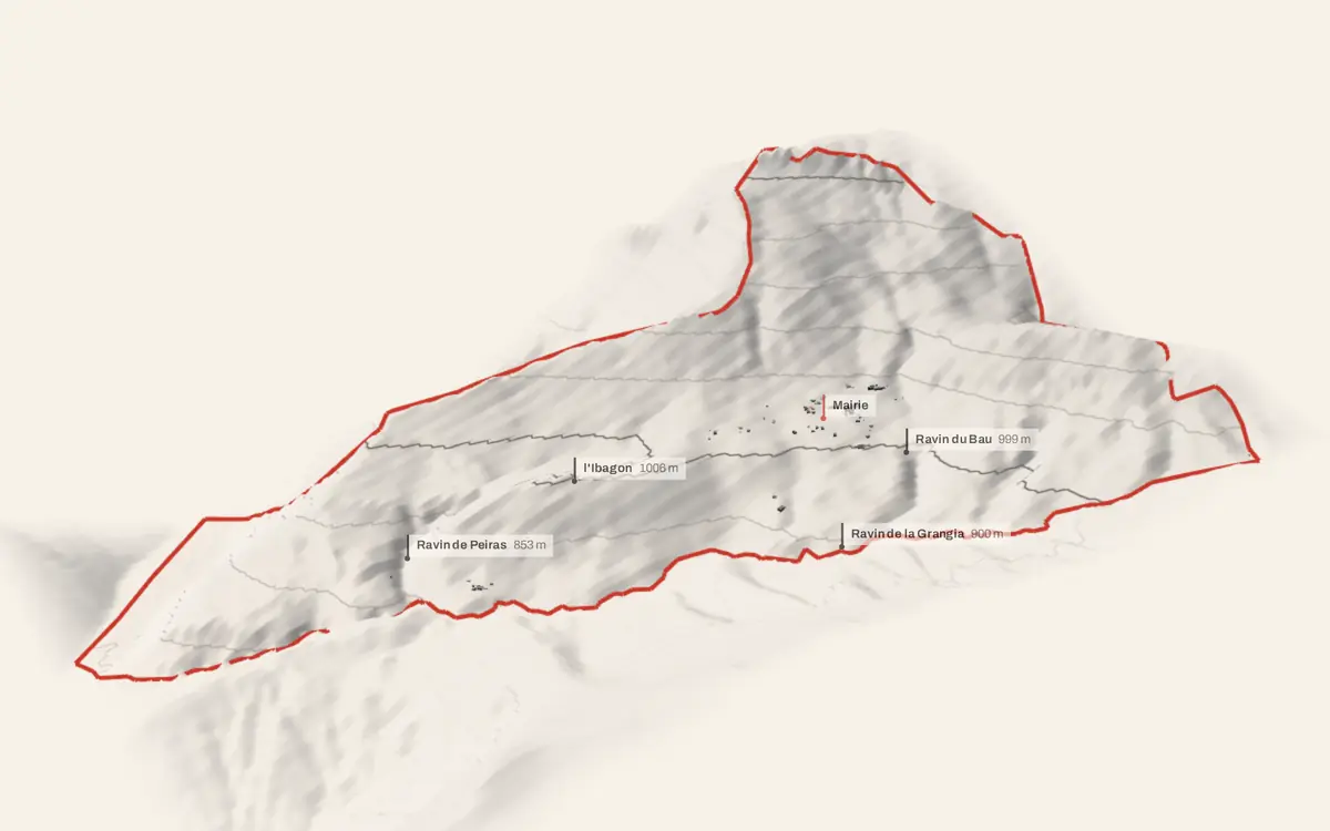 Saint-Léger vue en relief depuis le sud-ouest : le terrain va de 598 à 1 588 mètres d'altitude, et 122 bâtiments y sont dressés à leur hauteur réelle.