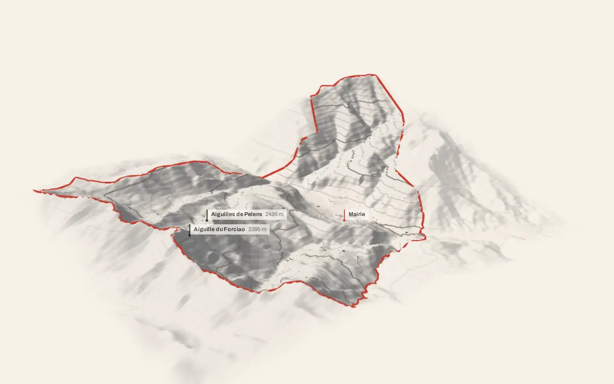 Saint-Martin-d'Entraunes vue en relief depuis le sud-ouest : le terrain va de 968 à 2 697 mètres d'altitude, et 465 bâtiments y sont dressés à leur hauteur réelle.