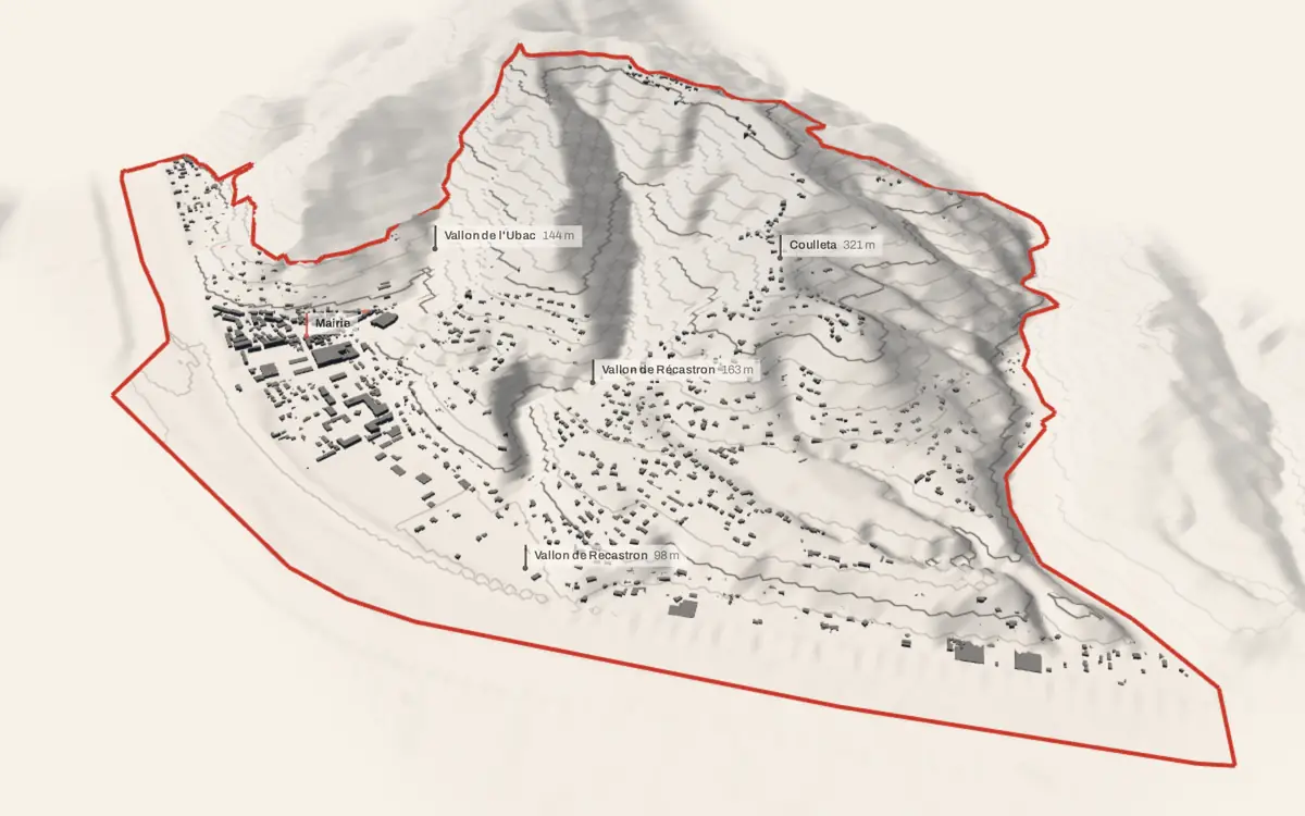 Saint-Martin-du-Var vue en relief depuis le sud-ouest : le terrain va de 84 à 410 mètres d'altitude, et 1 773 bâtiments y sont dressés à leur hauteur réelle.