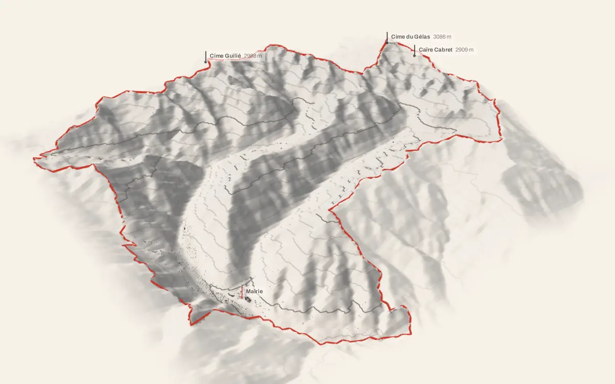 Saint-Martin-Vésubie vue en relief depuis le sud-ouest : le terrain va de 717 à 3 115 mètres d'altitude, et 2 341 bâtiments y sont dressés à leur hauteur réelle.
