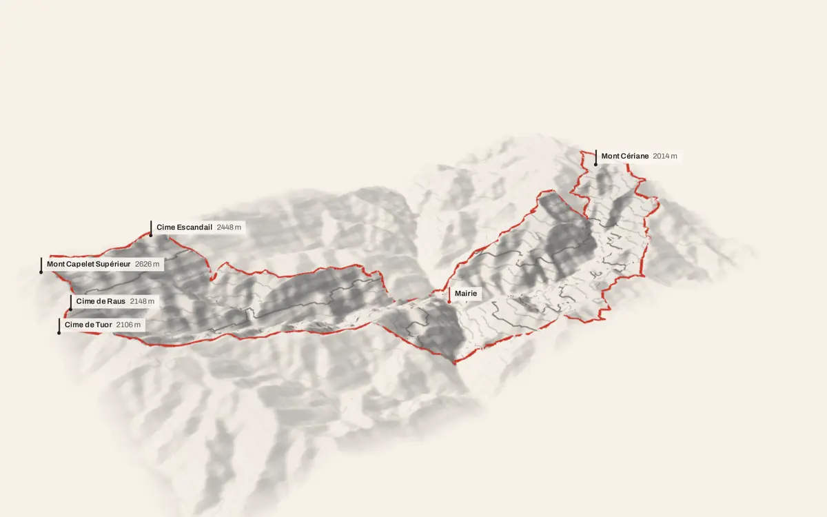 Saorge vue en relief depuis le sud-ouest : le terrain va de 319 à 2 643 mètres d'altitude, et 963 bâtiments y sont dressés à leur hauteur réelle.