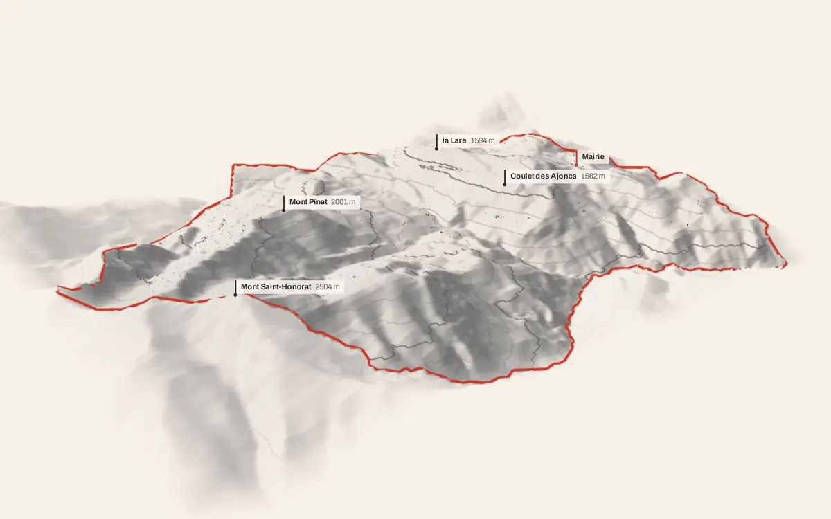 Sauze vue en relief depuis le sud-ouest : le terrain va de 787 à 2 498 mètres d'altitude, et 279 bâtiments y sont dressés à leur hauteur réelle.