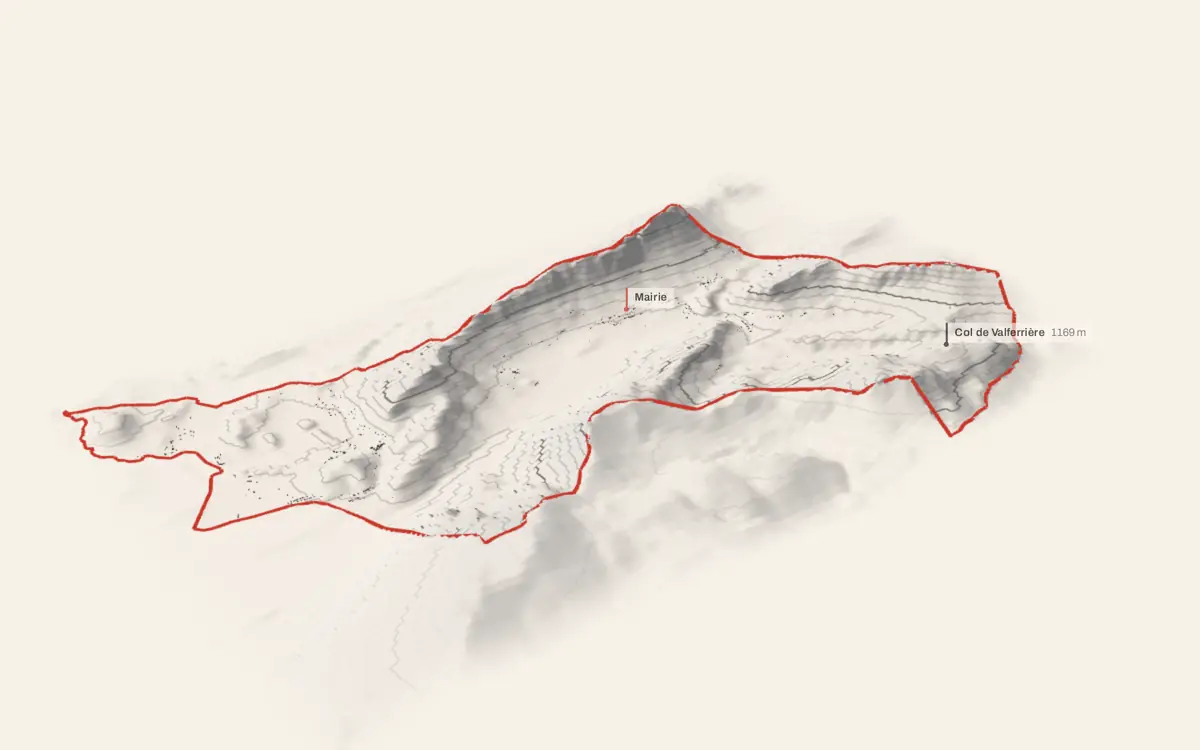 Séranon vue en relief depuis le sud-ouest : le terrain va de 1 016 à 1 704 mètres d'altitude, et 856 bâtiments y sont dressés à leur hauteur réelle.