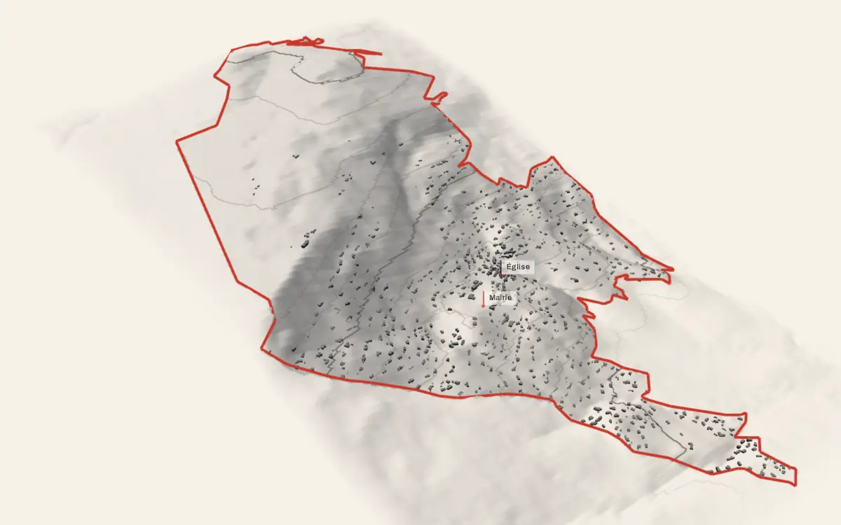 Spéracèdes vue en relief depuis le sud-ouest : le terrain va de 203 à 787 mètres d'altitude, et 1 733 bâtiments y sont dressés à leur hauteur réelle.