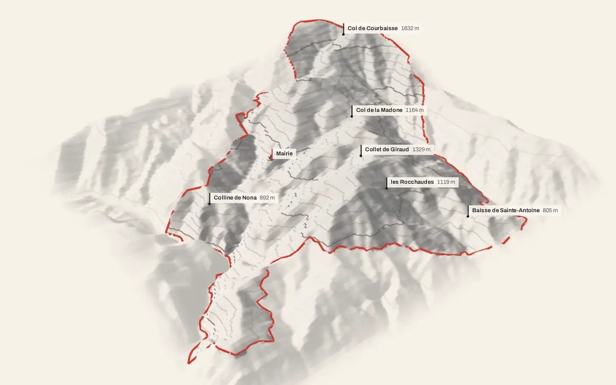Thiéry vue en relief depuis le sud-ouest : le terrain va de 352 à 1 780 mètres d'altitude, et 160 bâtiments y sont dressés à leur hauteur réelle.
