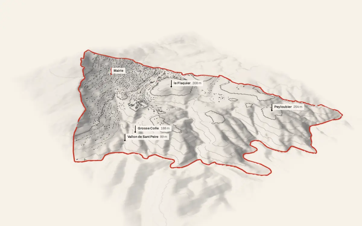 Le Tignet vue en relief depuis le sud-ouest : le terrain va de 24 à 628 mètres d'altitude, et 3 661 bâtiments y sont dressés à leur hauteur réelle.