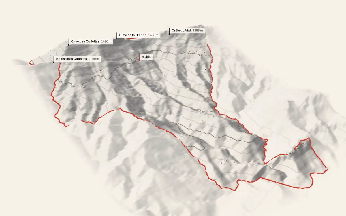 Toudon vue en relief depuis le sud-ouest : le terrain va de 189 à 1 505 mètres d'altitude, et 585 bâtiments y sont dressés à leur hauteur réelle.