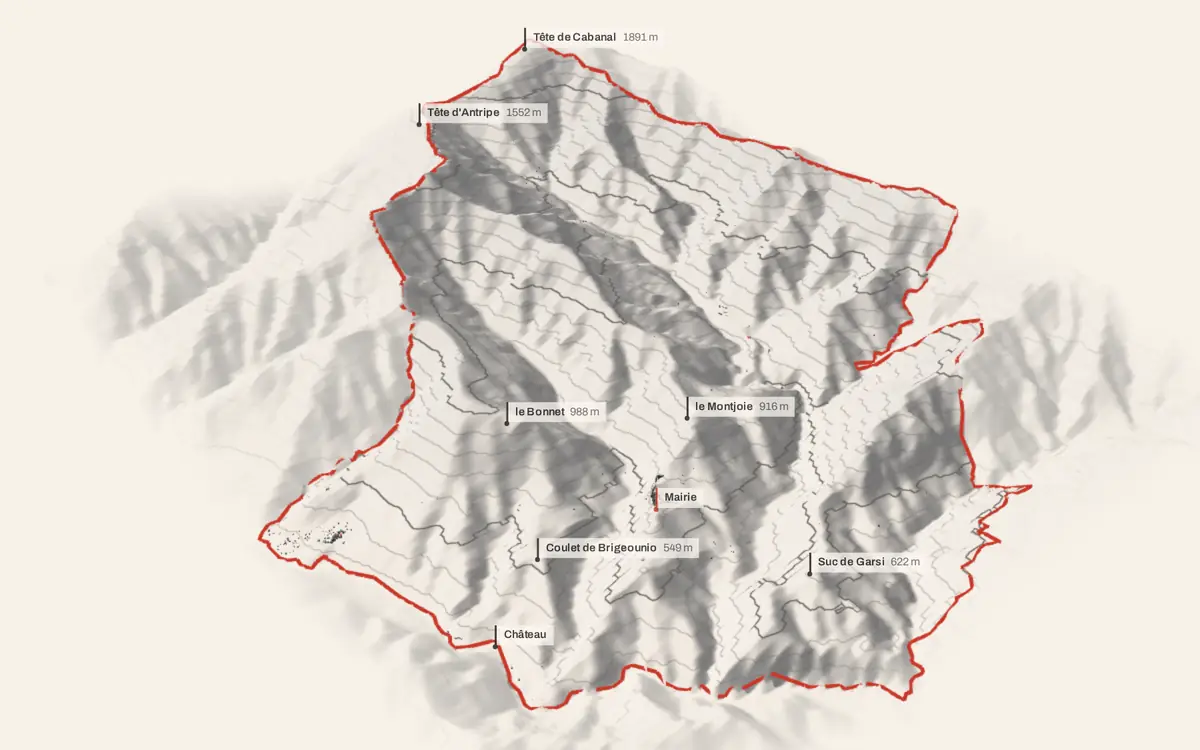 La Tour vue en relief depuis le sud-ouest : le terrain va de 197 à 1 900 mètres d'altitude, et 673 bâtiments y sont dressés à leur hauteur réelle.