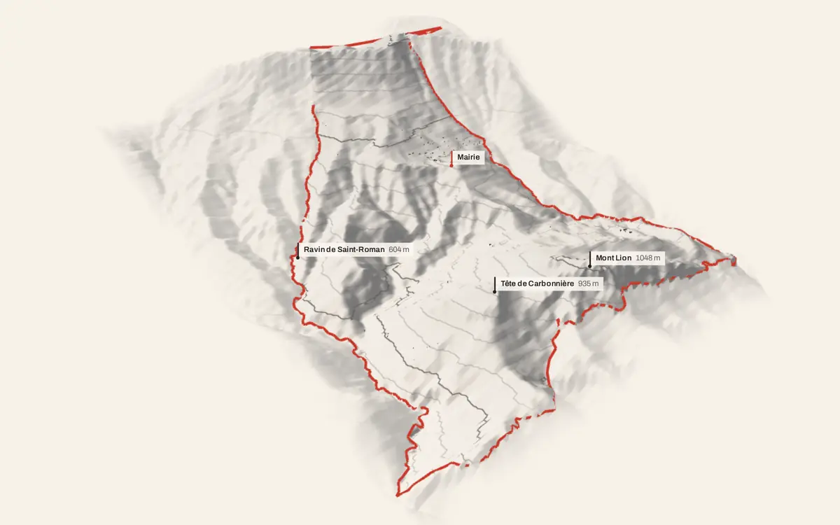Tourette-du-Château vue en relief depuis le sud-ouest : le terrain va de 258 à 1 547 mètres d'altitude, et 274 bâtiments y sont dressés à leur hauteur réelle.