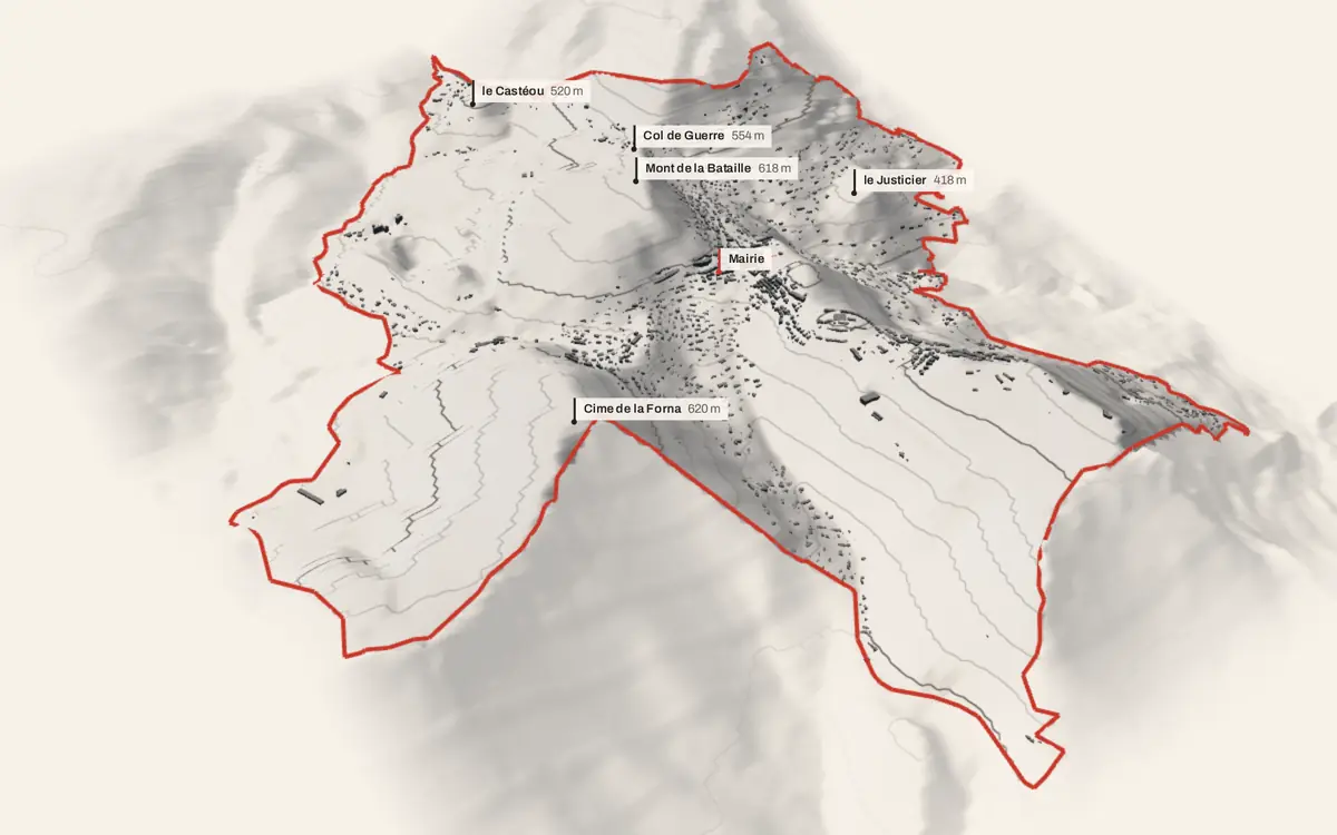 La Turbie vue en relief depuis le sud-ouest : le terrain va de 140 à 668 mètres d'altitude, et 3 440 bâtiments y sont dressés à leur hauteur réelle.