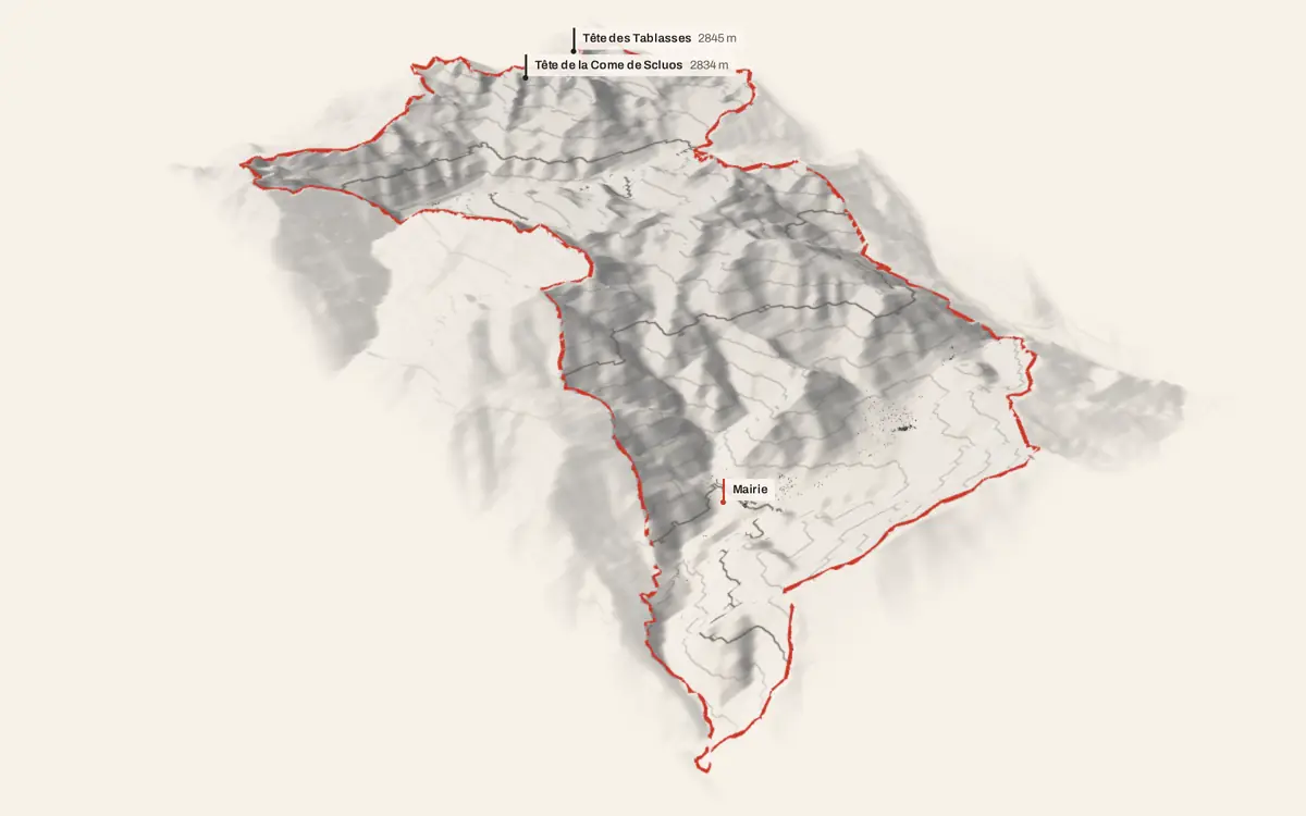Valdeblore vue en relief depuis le sud-ouest : le terrain va de 401 à 2 855 mètres d'altitude, et 1 985 bâtiments y sont dressés à leur hauteur réelle.