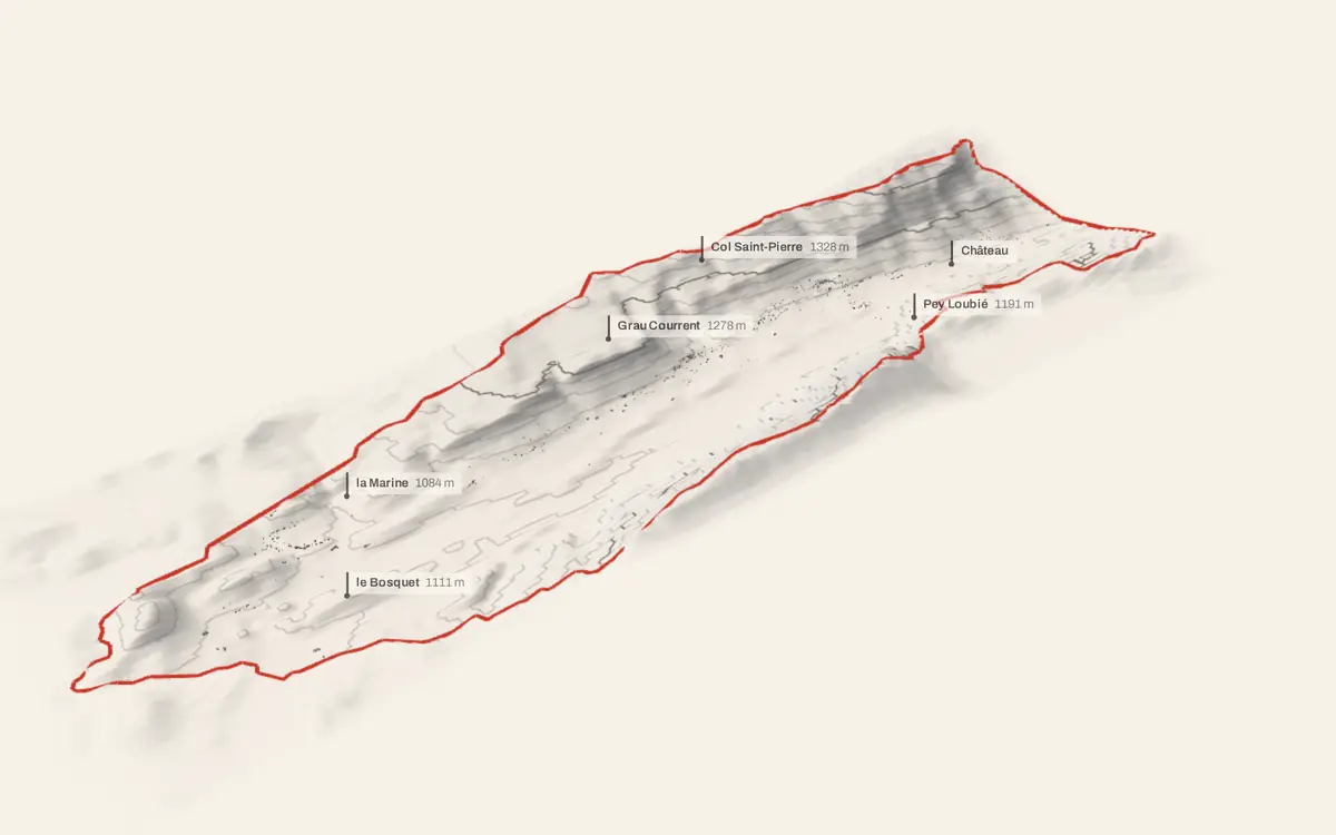 Valderoure vue en relief depuis le sud-ouest : le terrain va de 1 027 à 1 636 mètres d'altitude, et 882 bâtiments y sont dressés à leur hauteur réelle.