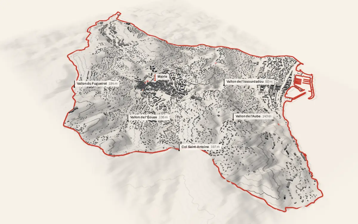 Vallauris vue en relief depuis le sud-ouest : le terrain va de -0 à 279 mètres d'altitude, et 12 566 bâtiments y sont dressés à leur hauteur réelle.
