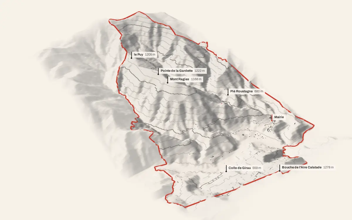 Villars-sur-Var vue en relief depuis le sud-ouest : le terrain va de 235 à 1 789 mètres d'altitude, et 802 bâtiments y sont dressés à leur hauteur réelle.